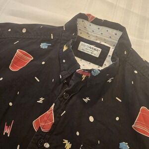 Eighth Avenue Red Solo Cup Party Button Up Shirt Mens L Black Short Sleeve Retro